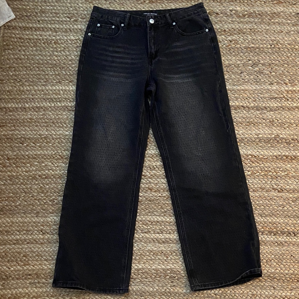 Black Washed Rhinestone Wide Leg Jeans